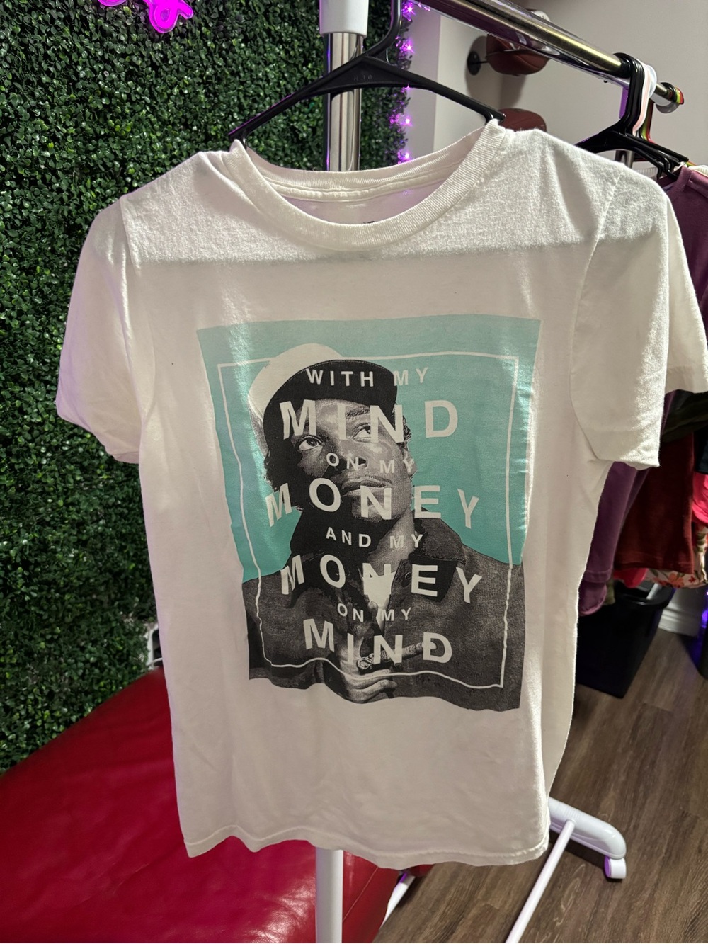Men's Snoop Dogg White Graphic Tee with Teal Photo Block